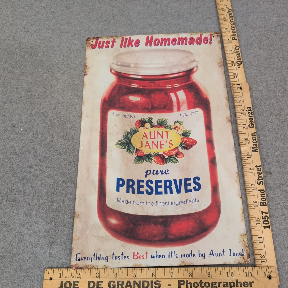 Aunt Janes Pure Preserves Vintage Style Metal Tin Sign Retro Kitchen Wall Decor - Picture 2 of 3